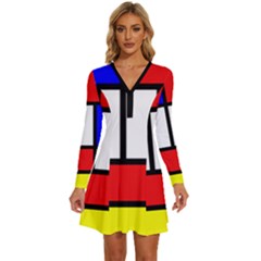 Mondrian-red-blue-yellow Long Sleeve Deep V Mini Dress  by Amaryn4rt