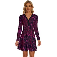 Retro-flower-pattern-design-batik- Long Sleeve Deep V Mini Dress  by Amaryn4rt