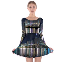 Cleveland Building City By Night Long Sleeve Skater Dress by Amaryn4rt