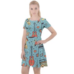 Seamless-pattern-musical-instruments-notes-headphones-player Cap Sleeve Velour Dress  by Amaryn4rt