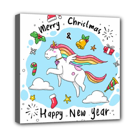Merry Christmas Xmas Doodle Sketch Cartoon Unicorn Mini Canvas 8  X 8  (stretched) by Pakjumat