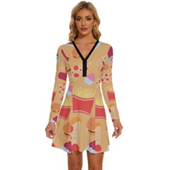 Fast Junk Food  Pizza Burger Cool Soda Pattern Long Sleeve Deep V Mini Dress  by Sarkoni