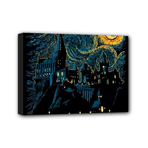 Castle Starry Night Van Gogh Parody Mini Canvas 7  X 5  (stretched) by Sarkoni