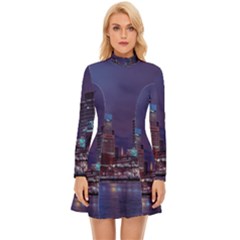 Frankfurt City Skyline Skyscraper Long Sleeve Velour Longline Dress by Sarkoni