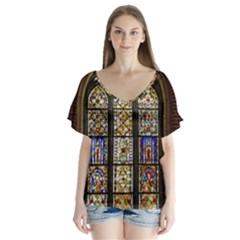 Stained Glass Window Old Antique V-neck Flutter Sleeve Top by Sarkoni