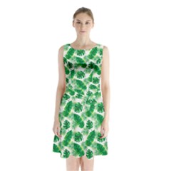 Tropical Leaf Pattern Sleeveless Waist Tie Chiffon Dress by Dutashop