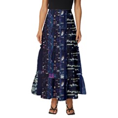 Black Building Lighted Under Clear Sky Tiered Ruffle Maxi Skirt by Modalart