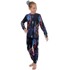 Roadway Surrounded Building During Nighttime Kids  Long Sleeve Set  by Modalart
