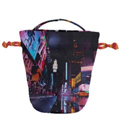 Roadway Surrounded Building During Nighttime Drawstring Bucket Bag by Modalart