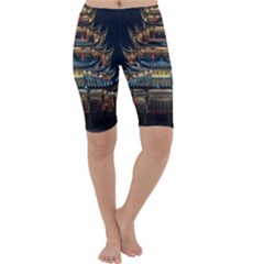 Blue Yellow And Green Lighted Pagoda Tower Cropped Leggings  by Modalart