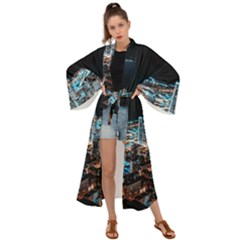 Aerial Photography Of Lighted High Rise Buildings Maxi Kimono by Modalart