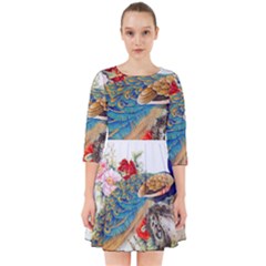 Birds Peacock Artistic Colorful Flower Painting Smock Dress by Sarkoni