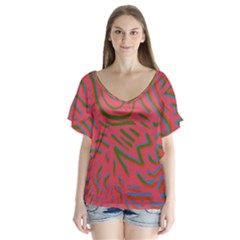 Pattern Saying Wavy V-neck Flutter Sleeve Top by Ndabl3x