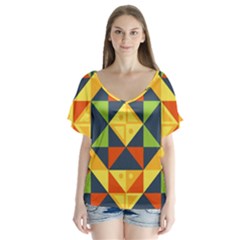 Background Geometric Color V-neck Flutter Sleeve Top by Sarkoni