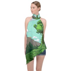 Adventure Time Cartoon Green Color Nature  Sky Halter Asymmetric Satin Top by Sarkoni