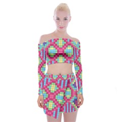 Checkerboard Squares Abstract Texture Pattern Off Shoulder Top With Mini Skirt Set by Apen
