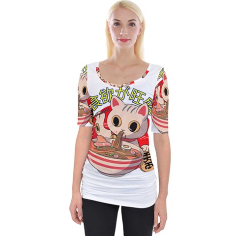 Ramen Cat Noodles Cute Japanes Wide Neckline T-shirt by Modalart
