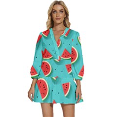 Watermelon Fruit Slice V-neck Placket Mini Dress by Bedest