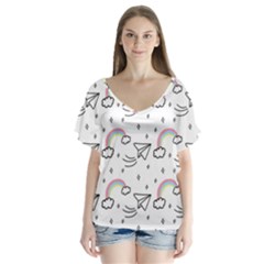 Cute Art Print Pattern V-neck Flutter Sleeve Top by Ndabl3x