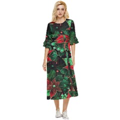 Flower Floral Pattern Christmas Double Cuff Midi Dress by Ravend