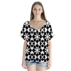 Mosaic Floral Repeat Pattern V-neck Flutter Sleeve Top by Ravend