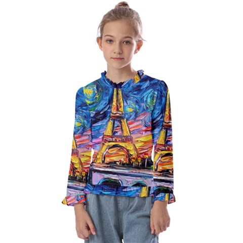Eiffel Tower Starry Night Print Van Gogh Kids  Frill Detail T-shirt by Modalart