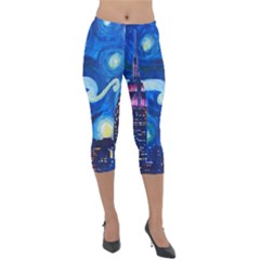 Starry Night In New York Van Gogh Manhattan Chrysler Building And Empire State Building Lightweight Velour Capri Leggings  by Modalart