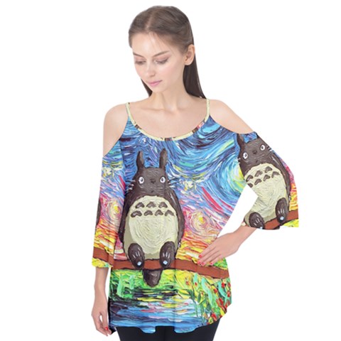 Totoro Starry Night Art Van Gogh Parody Flutter Sleeve T-shirt  by Modalart