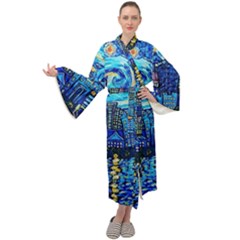 Starry Night Van Gogh Painting Art City Scape Maxi Velvet Kimono by Modalart