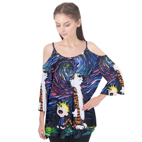 Cartoon Art Starry Night Van Gogh Flutter Sleeve T-shirt  by Modalart