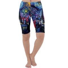 Castle Hogwarts Starry Night Print Van Gogh Parody Cropped Leggings  by Modalart