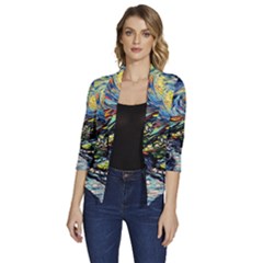The Great Wall Nature Painting Starry Night Van Gogh Women s Draped Front 3/4 Sleeve Shawl Collar Jacket by Modalart