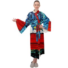 Red House Dog Cartoon Starry Night Maxi Velvet Kimono by Modalart