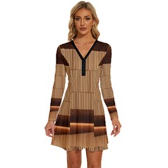 Architecture Art Boxes Brown Long Sleeve Deep V Mini Dress  by Amaryn4rt