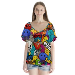 Graffiti Characters Seamless Pattern V-neck Flutter Sleeve Top by Bedest