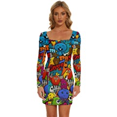 Graffiti Characters Seamless Pattern Long Sleeve Square Neck Bodycon Velvet Dress by Bedest