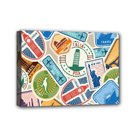 Travel Pattern Immigration Stamps Stickers With Historical Cultural Objects Travelling Visa Immigran Mini Canvas 7  X 5  (stretched) by Bedest