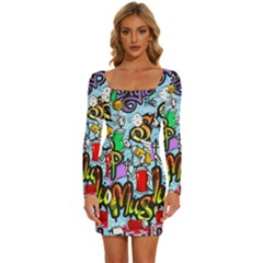 Graffiti Characters Seamless Patterns Long Sleeve Square Neck Bodycon Velvet Dress by Bedest