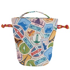 Travel Pattern Immigration Stamps Stickers With Historical Cultural Objects Travelling Visa Immigran Drawstring Bucket Bag by Bedest