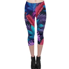 Background With Violet Blue Tropical Leaves Capri Leggings  by Bedest
