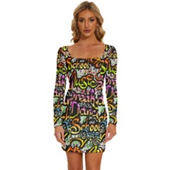 Graffiti Word Seamless Pattern Long Sleeve Square Neck Bodycon Velvet Dress by Bedest