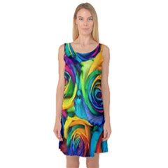 Colorful Roses Bouquet Rainbow Sleeveless Satin Nightdress by Pakjumat