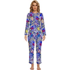 Blue Yellow Background Pattern Vector Texture Paisley Womens  Long Sleeve Lightweight Pajamas Set by Pakjumat