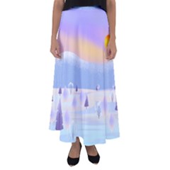 Vector Winter Landscape Sunset Evening Snow Flared Maxi Skirt by Pakjumat