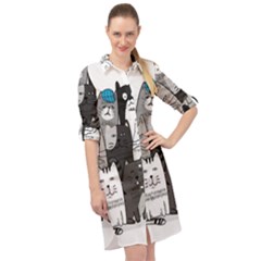 Cute Cat Hand Drawn Cartoon Style Long Sleeve Mini Shirt Dress by Grandong