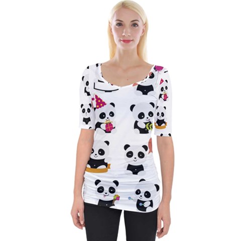 Playing Pandas Cartoons Wide Neckline T-shirt by Apen