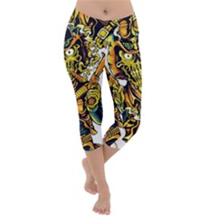 Cowboy Skeleton With Gun Illustration Lightweight Velour Capri Yoga Leggings by Sarkoni