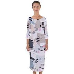Cute Cat Couple Seamless Pattern Cartoon Quarter Sleeve Midi Bodycon Dress by Bedest