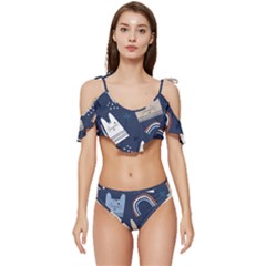 Colorful Cute Cats Seamless Pattern Ruffle Edge Tie Up Bikini Set	 by Bedest