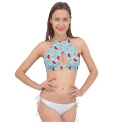 Christmas Pattern Cross Front Halter Bikini Top by Apen